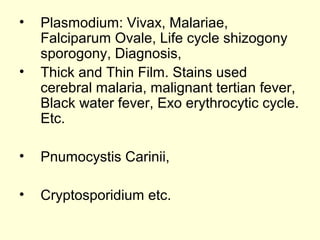 • Plasmodium: Vivax, Malariae,
Falciparum Ovale, Life cycle shizogony
sporogony, Diagnosis,
• Thick and Thin Film. Stains used
cerebral malaria, malignant tertian fever,
Black water fever, Exo erythrocytic cycle.
Etc.
• Pnumocystis Carinii,
• Cryptosporidium etc.
 