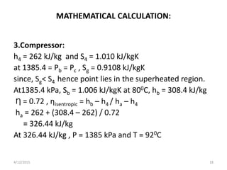 MATHEMATICAL CALCULATION:
3.Compressor:
h4 = 262 kJ/kg and S4 = 1.010 kJ/kgK
at 1385.4 = Pb = Pc , Sg = 0.9108 kJ/kgK
since, Sg< S4 hence point lies in the superheated region.
At1385.4 kPa, Sb = 1.006 kJ/kgK at 800C, hb = 308.4 kJ/kg
Ƞ = 0.72 , ƞisentropic = hb – h4 / ha – h4
ha = 262 + (308.4 – 262) / 0.72
= 326.44 kJ/kg
At 326.44 kJ/kg , P = 1385 kPa and T = 920C
4/12/2015 18
 