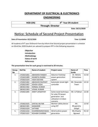 DEPARTMENT OF ELECTRICAL & ELECTRONICS
ENGINEERING
HOD (EN) 4th
Year EN student
Through: Director
Date: 24/11/2020
Notice: Schedule of Second Project Presentation
Date of Presentation: 02/12/2020 Time: 11:50AM
All students of 4th year EN Branch here by inform that Second project presentation is schedule
on 02nd Dec 2020.Student are advised to prepare PPT in the following sequence.
-Objective
-Introduction
-Methodology
-Status of work
-References
The presentation time for each group is restricted to 20 minutes.
Group
No
Roll No Name of student Project name Name of
Guide
Time
1. 1703021001 ABHISHEK PANDEY Advance Footstep
power generation
system
Dr. Nitisha
Shrivastava
11:50
1703021009 ASHMITA DHARA
1703021029 YASH SACHAN
2. 1703021002 ABHISHEK RAJPOOT Automatic street light
controller
Mr. Devender
Tiwari
12:10
1703021007 ASHISH JOSHI
1803021902 NIRMAL KUMAR
1803021903 VISHAL KUMAR
3. 1703021005 ANKIT UPADHYAY Some novel technique
for solar PV power
generation and
utilization in Indian
scenario
Mr. S.P.Bihari 12:30
4. 1703021025 SHEFALI BUTAR Women safety device
using IOT
Mr.
Bhupendra
Sehgal
12:50
1803021901 MANJOOR
1703021024 SATYAM
5. 1703021010 DHARMENDRAYADAV Wind turbine power
generation
Ms.Shweta
Agrawal
01:10
1703021021 RISHABH SHARMA
 