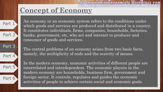 Part 3
Part 4
Definitions
4. Modern definition- Science of Dynamic Growth and Development.
Aims:
Wider in scope
Dynamic nature
Deals with the problem of choice
Stressed the problem of scarcity in relation to unlimited
ends.
Conclusion on definitions:
Of all the definitions above, Samuelson definitions stands good for the universal
appeal. It presents the choice problem in its dynamic setting and widens the
scope of the subject. It is applicable to all sorts of economies- past, present and
future.
Part 5
Part 6
Part 1
Part 2
 