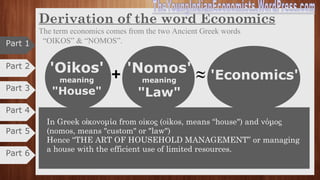 Part 2
Part 3
Part 4
• The Arthashastra is an ancient Indian treatise on statecraft,
economic policy and military strategy written in Sanskrit.
• The authors are "Kauṭilya" and "Vishnugupta” (350–283BCE)
who was a scholar at Takshashila and the teacher and guardian of
Emperor Chandragupta Maurya, founder of the Mauryan Empire.
• The text which disappeared after 12th century was rediscovered in
1904 by R. Shamasastry, who published it in 1909.
• The first English translation was published in 1915.
Evolution of Economics in India
Part 1
Part 5
Part 6
 