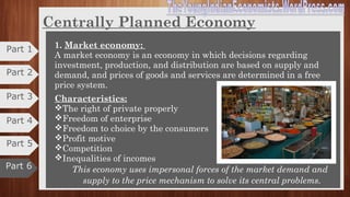 Centrally Planned Economy
•An economic system in which economic decisions are made by the state or
government rather than by the interaction between consumers and
businessmen.
•An economy where decisions on what to produce, how to produce and for
whom to produce are taken by the government.
• The theory is that the government will overcome market failure and achieve
equality of distribution.
•The economies are broadly classified on the basis of production, exchange,
distribution, role of government in economic activity.
Classification of an economy:
1) Capitalist economy or Market economy
2) Socialist economy
3) Mixed economy
Part 2
Part 3
Part 4
Part 6
Part 5
Part 1
 
