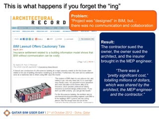 This is what happens if you forget the “ing”
Problem:
“Project was “designed” in BIM, but…
there was no communication and collaboration

Result:
The contractor sued the
owner, the owner sued the
architect, and the insurer
brought in the MEP engineer.

“There was a
“pretty significant cost,”
totalling millions of dollars,
which was shared by the
architect, the MEP engineer
and the contractor.”

CONFIDENTIAL

|

18

 