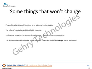 Some things that won’t change
Personal relationships will continue to be a central business value

s
ie
g
lo
o

n
h

The value of reputation and identifiable expertise

c
e
T

Professional expertise (architectural, engineering, …) will continue to be required

ry
h

The world will be filled with new, tough problems. There will be value in design, and in innovation

e
G

DFC

45

45

 