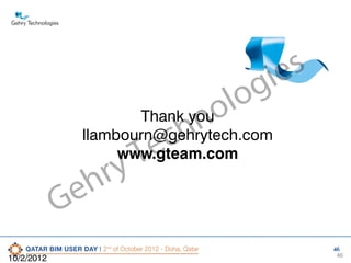 s
ie
g
lo
Thank you o
n
llambourn@gehrytech.com
h
c
e
www.gteam.com
T
ry
h
e
G
10/2/2012

46

46

 