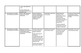 group. (see attachment
#1)
Let them identify each
household products and its
important uses
D. Discussing new concepts
and practicing new skills # 1
Show a video clips about
organic and inorganic
compounds..
Lead the students to
discover that gasoline is
only one of the sample
products of the major
classes of organic
compounds.
Presentation of the result
of the activity
Before letting the
students do the
experiments, discuss
first the safety
precautions that the
students should take on
the conduct of the
experiments.
Perform activity #2
Properties of Common
Organic Compounds
Let them go to their proper
groupings for the final
analysis and exchanging
of ideas.
E. Discussing new concepts
and practicing new skills # 2
Based from the video
presented, ask the students
to differentiate organic
compounds from inorganic
compounds.
Provide a photo copy of
the major classes of
organic compound.
Assign each group of
students to
conceptualize the major
classes of compounds,
its functional groups and
its important uses. (see
attachment #3)
Students will answer the
some guide questions.
Checking and discussion
of the activity results
Students were instructed
to observe and take
down notes while
conducting an
experiments.
Presentation of the result
of the activity per group.
 