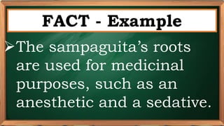 PRE-TEST
FACT - Example
The sampaguita’s roots
are used for medicinal
purposes, such as an
anesthetic and a sedative.
 