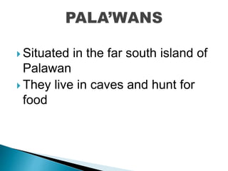  Situated in the far south island of
Palawan
 They live in caves and hunt for
food
 