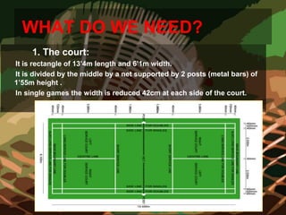 WHAT DO WE NEED?
1. The court:
It is rectangle of 13’4m length and 6’1m width.
It is divided by the middle by a net supported by 2 posts (metal bars) of
1’55m height .
In single games the width is reduced 42cm at each side of the court.
 