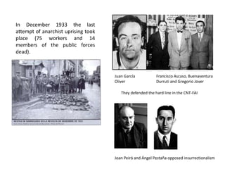 Francisco Ascaso, Buenaventura
Durruti and Gregorio Jover
Juan García
Oliver
In December 1933 the last
attempt of anarchist uprising took
place (75 workers and 14
members of the public forces
dead).
They defended the hard line in the CNT-FAI
Joan Peiró and Ángel Pestaña opposed insurrectionalism
 