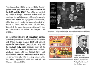 The dismantling of the reforms of the former
government provoked the radicalization of
the UGT and the PSOE. The leftist sector, led
by Francisco Largo Caballero, didn’t want to
continue the collaboration with the bourgeois
parties and opted for trying social revolution,
while the most moderate sector, headed by
Indalecio Prieto and Fernando de los Ríos,
defended the need for cooperating with the
left republicans in order to deepen the
reforms.
On the other side, the left republican parties
(Acción Republicana, Partido Radical Socialista
and ORGA) merged in April 1934 and formed
Izquierda Republicana (Republican Left) and
the Radical Party split, because many of its
deputies didn’t share the government policies.
Martínez Barrio left the Radical Party and
founded the Radical- Democratic Party, which
supported the return to the cooperation with
the leftist republicans and the end of the
Alliance with the CEDA.
Diego Martínez
Berrio, leader of the
Radical-Democratic
Party after the split of
the Radical Party
Besteiro, Prieto, de los Ríos surrounding Largo Caballero.
 