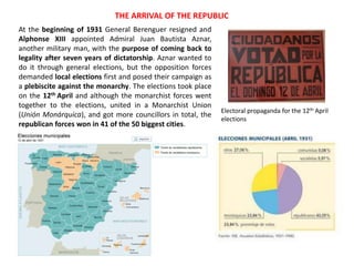 At the beginning of 1931 General Berenguer resigned and
Alphonse XIII appointed Admiral Juan Bautista Aznar,
another military man, with the purpose of coming back to
legality after seven years of dictatorship. Aznar wanted to
do it through general elections, but the opposition forces
demanded local elections first and posed their campaign as
a plebiscite against the monarchy. The elections took place
on the 12th April and although the monarchist forces went
together to the elections, united in a Monarchist Union
(Unión Monárquica), and got more councillors in total, the
republican forces won in 41 of the 50 biggest cities.
THE ARRIVAL OF THE REPUBLIC
Electoral propaganda for the 12th April
elections
 