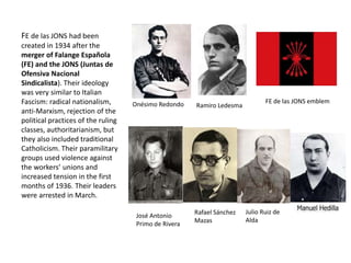 Onésimo Redondo Ramiro Ledesma
Rafael Sánchez
Mazas
Julio Ruiz de
Alda
José Antonio
Primo de Rivera
FE de las JONS emblem
FE de las JONS had been
created in 1934 after the
merger of Falange Española
(FE) and the JONS (Juntas de
Ofensiva Nacional
Sindicalista). Their ideology
was very similar to Italian
Fascism: radical nationalism,
anti-Marxism, rejection of the
political practices of the ruling
classes, authoritarianism, but
they also included traditional
Catholicism. Their paramilitary
groups used violence against
the workers’ unions and
increased tension in the first
months of 1936. Their leaders
were arrested in March.
 