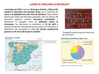 ¿CÓMO SE PROCLAMÓ LA REPÚBLICA?
Propaganda electoral para las elecciones
del 12 de abril
A principios de 1931 el general Berenguer dimitió y Alfonso XIII
nombró al almirante Juan Bautista Aznar con la intención de
volver a la legalidad tras siete años de dictadura. Aznar quería
hacerlo por medio de elecciones generales, pero las fuerzas de
oposición exigieron primero elecciones municipales y
plantearon la campaña como un plebiscito contra la
monarquía. Las elecciones se celebraron el 12 de abril y
aunque las fuerzas monárquicas fueron juntas a las elecciones y
obtuvieron más concejales en total, las fuerzas republicanas
ganaron en 41 de las 50 mayores ciudades.
 