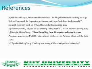 References 
[1] Walisa Romsaiyud, Wichian Premchaiswadi, " An Adaptive Machine Learning on Map- 
Reduce Framework for Improving performance of Large-Scale Data Analysis on EC ", 
Eleventh IEEE Int'l Conf. on ICT and knowledge Engineering, 2014 
[2] Domenico Talia," Clouds for Scalable Big Data Analytics ", IEEE Computer Society, 2013 
[3] Feng Ye, Zhijan Wang , "Cloud-based Big Data Mining & Analyzing Services 
Platform integrating R", IEEE International Conference on Advance Cloud and Big Data 
, 2013 
[4].ǲApache-Hadoopǳ-http://hadoop.apache.org/#What+Is+Apache+Hadoop%3F 
 