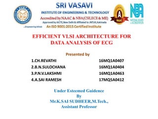 EFFICIENT VLSI ARCHITECTURE FOR
DATA ANALYSIS OF ECG
Presented by
1.CH.REVATHI 16MQ1A0407
2.B.N.SULOCHANA 16MQ1A0404
3.P.N.V.LAKSHMI 16MQ1A0463
4.A.SAI RAMESH 17MQ5A0412
Under Esteemed Guidence
By
Mr.K.SAI SUDHEER,M.Tech.,
Assistant Professor
 