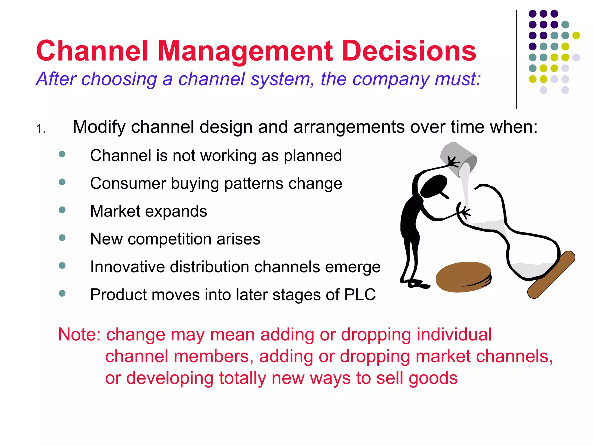 Channel Management Decisions
After choosing a channel system, the company must:

1.       Modify channel design and arrangements over time when:
          Channel is not working as planned
          Consumer buying patterns change
          Market expands
          New competition arises
          Innovative distribution channels emerge
          Product moves into later stages of PLC

     Note: change may mean adding or dropping individual
           channel members, adding or dropping market channels,
           or developing totally new ways to sell goods
 