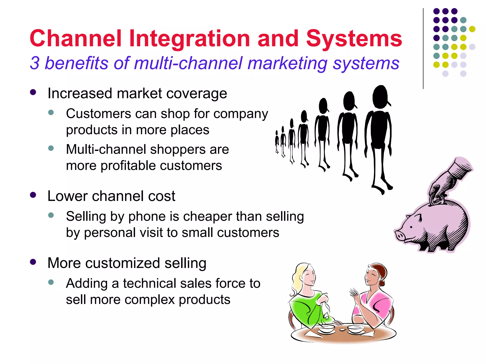 Channel Integration and Systems
3 benefits of multi-channel marketing systems
   Increased market coverage
       Customers can shop for company
        products in more places
       Multi-channel shoppers are
        more profitable customers

   Lower channel cost
       Selling by phone is cheaper than selling
        by personal visit to small customers

   More customized selling
       Adding a technical sales force to
        sell more complex products
 