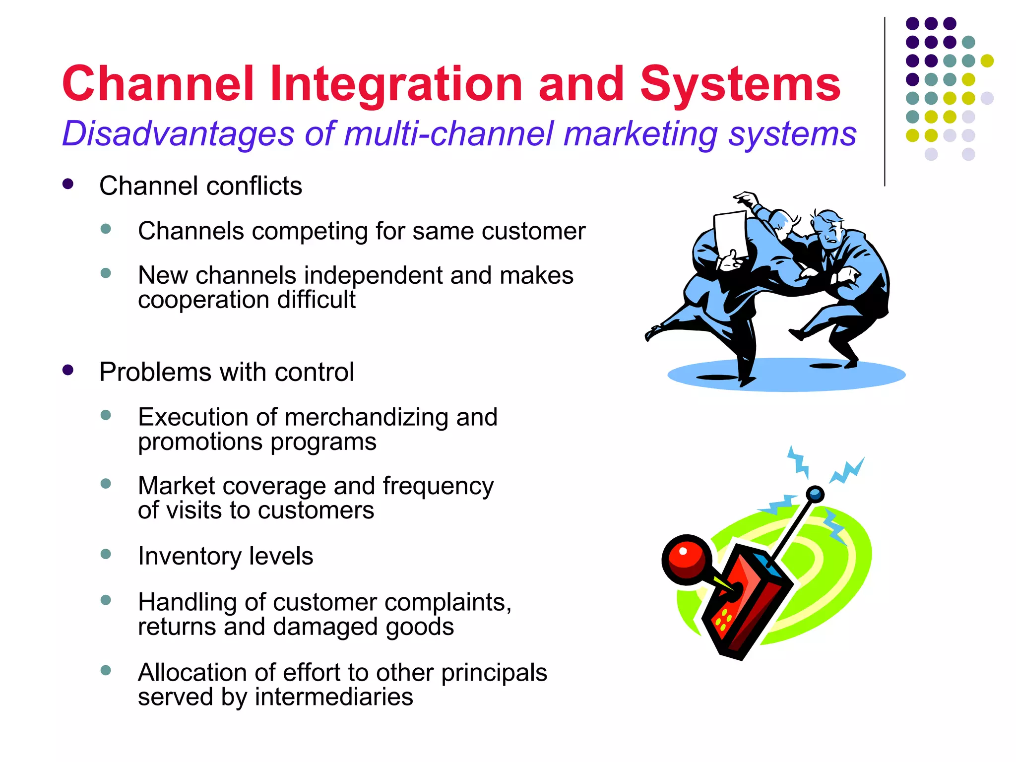 Channel Integration and Systems
Disadvantages of multi-channel marketing systems
   Channel conflicts
       Channels competing for same customer
       New channels independent and makes
        cooperation difficult

   Problems with control
       Execution of merchandizing and
        promotions programs
       Market coverage and frequency
        of visits to customers
       Inventory levels
       Handling of customer complaints,
        returns and damaged goods
       Allocation of effort to other principals
        served by intermediaries
 