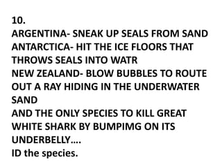 10.
ARGENTINA- SNEAK UP SEALS FROM SAND
ANTARCTICA- HIT THE ICE FLOORS THAT
THROWS SEALS INTO WATR
NEW ZEALAND- BLOW BUBBLES TO ROUTE
OUT A RAY HIDING IN THE UNDERWATER
SAND
AND THE ONLY SPECIES TO KILL GREAT
WHITE SHARK BY BUMPIMG ON ITS
UNDERBELLY….
ID the species.
 