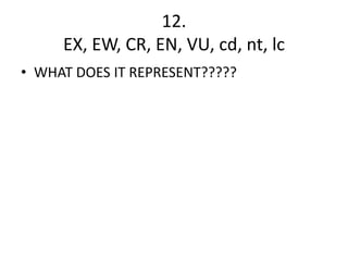 12.
     EX, EW, CR, EN, VU, cd, nt, lc
• WHAT DOES IT REPRESENT?????
 