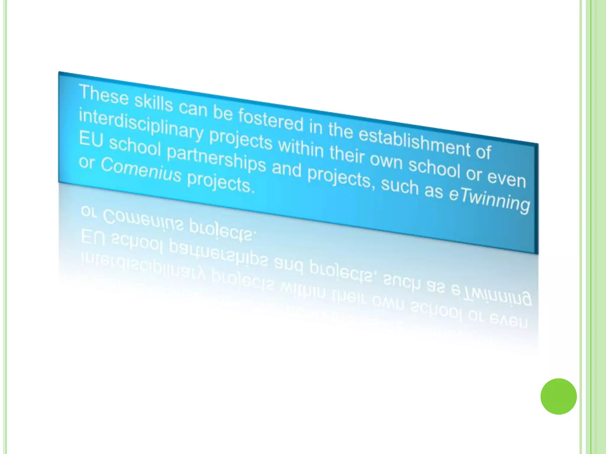 	These skills can be fostered in the establishment of interdisciplinary projects within their own school or even EU school partnerships and projects, such as eTwinning or Comenius projects.