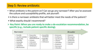 Step 5: Review antibiotic
• What antibiotic is the patient on? Can we go any narrower? After you’ve assessed
the culture and susceptibility profile, ask yourself:
• Is there a narrower antibiotic that will better meet the needs of the patient?
• What exactly should I recommend?
 Key Point: When you are ready to make a de-escalation recommendation, be
specific (e.g., include patient specific dosing).
 