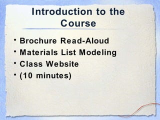 Introduction to the Course Brochure Read-Aloud Materials List Modeling Class Website (10 minutes) 