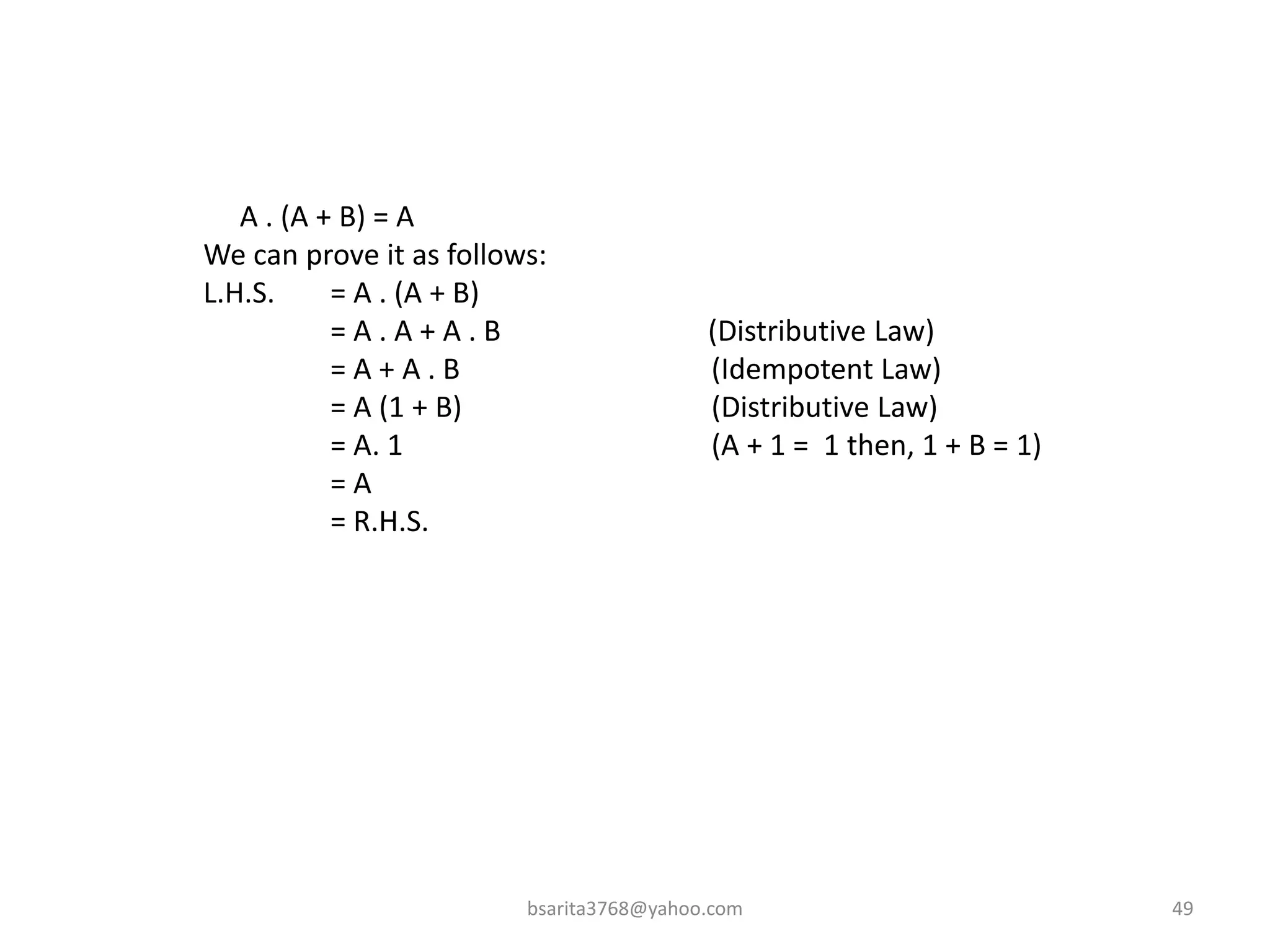 bsarita3768@yahoo.com 49
A . (A + B) = A
We can prove it as follows:
L.H.S. = A . (A + B)
= A . A + A . B (Distributive Law)
= A + A . B (Idempotent Law)
= A (1 + B) (Distributive Law)
= A. 1 (A + 1 = 1 then, 1 + B = 1)
= A
= R.H.S.
 