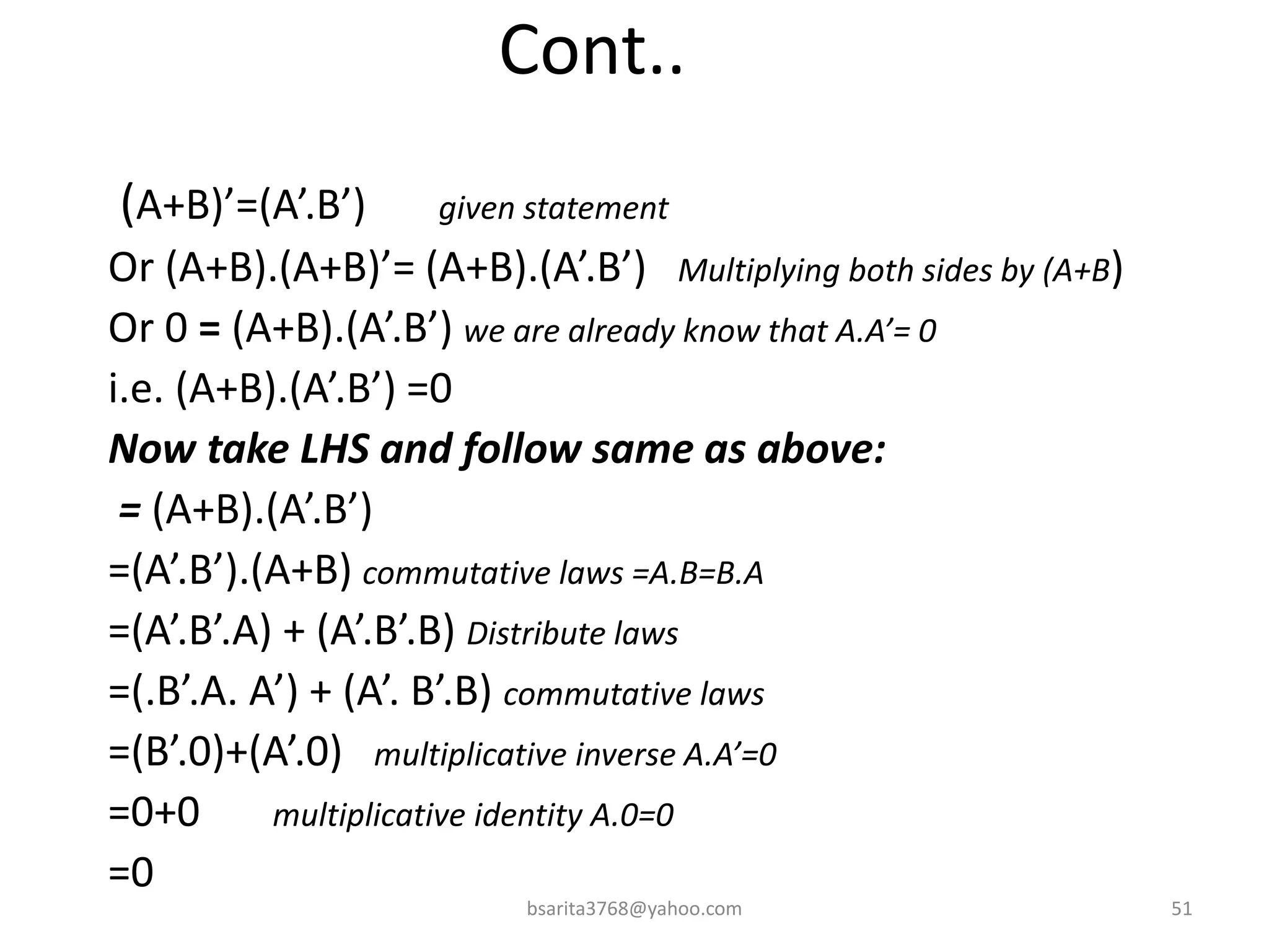 Cont..
(A+B)’=(A’.B’) given statement
Or (A+B).(A+B)’= (A+B).(A’.B’) Multiplying both sides by (A+B)
Or 0 = (A+B).(A’.B’) we are already know that A.A’= 0
i.e. (A+B).(A’.B’) =0
Now take LHS and follow same as above:
= (A+B).(A’.B’)
=(A’.B’).(A+B) commutative laws =A.B=B.A
=(A’.B’.A) + (A’.B’.B) Distribute laws
=(.B’.A. A’) + (A’. B’.B) commutative laws
=(B’.0)+(A’.0) multiplicative inverse A.A’=0
=0+0 multiplicative identity A.0=0
=0
bsarita3768@yahoo.com 51
 