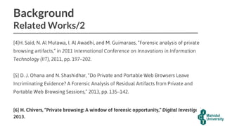 Background
Related Works/2
[4]H. Said, N. Al Mutawa, I. Al Awadhi, and M. Guimaraes, “Forensic analysis of private
browsing artifacts,” in 2011 International Conference on Innovations in Information
Technology (IIT), 2011, pp. 197–202.
[5] D. J. Ohana and N. Shashidhar, “Do Private and Portable Web Browsers Leave
Incriminating Evidence? A Forensic Analysis of Residual Artifacts from Private and
Portable Web Browsing Sessions,” 2013, pp. 135–142.
[6] H. Chivers, “Private browsing: A window of forensic opportunity,” Digital Investigation,
2013.
 