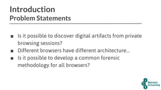 Introduction
Problem Statements
■ Is it possible to discover digital artifacts from private
browsing sessions?
■ Different browsers have different architecture…
■ Is it possible to develop a common forensic
methodology for all browsers?
 