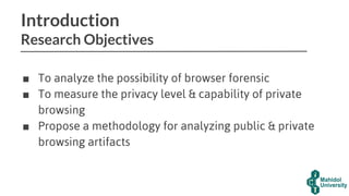 Introduction
Research Objectives
■ To analyze the possibility of browser forensic
■ To measure the privacy level & capability of private
browsing
■ Propose a methodology for analyzing public & private
browsing artifacts
 