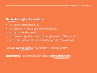 Exclusive rights for authors

•  to make reproductions
•  to perform / recite the work in public
•  to translate the work
•  to make adaptations and arrangements of the work
•  to communicate the work to the public / broadcast

Certain moral rights (attribution and integrity)

Exceptions (reproduction right): the 3 steps test
Berne Convention
 