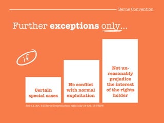 Further exceptions only…
Certain
special cases
No conﬂict
with normal
exploitation
Not un-
reasonably
prejudice
the interest
of the rights
holder
See e.g. Art. 9.2 Berne (reproduction right only) & Art. 13 TRIPS	
  
ifa
Berne Convention
 