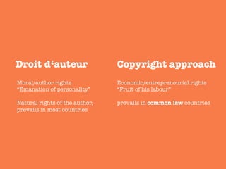 Droit d‘auteur 
 Copyright approach 
Moral/author rights
“Emanation of personality”

Natural rights of the author,
prevails in most countries
Economic/entrepreneurial rights
“Fruit of his labour”

prevails in common law countries 
 