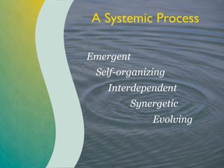 A Systemic Process
Emergent
Self-organizing
Interdependent
Synergetic
Evolving
 