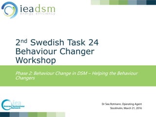 2nd Swedish Task 24
Behaviour Changer
Workshop
Phase 2: Behaviour Change in DSM – Helping the Behaviour
Changers
Dr Sea Rotmann, Operating Agent
Stockholm, March 21, 2016
 