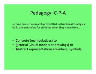 Pedagogy:	
  C-­‐P-­‐A	
  
Jerome	
  Bruner’s	
  research	
  proved	
  that	
  instruc7onal	
  strategies	
  
build	
  understanding	
  for	
  students	
  when	
  they	
  move	
  from…	
  


	
  	
  
•  Concrete	
  (manipula7ves)	
  to	
  	
  
•  Pictorial	
  (visual	
  models	
  or	
  drawings)	
  to	
  
•  Abstract	
  representa7ons	
  (numbers,	
  symbols)	
  
 