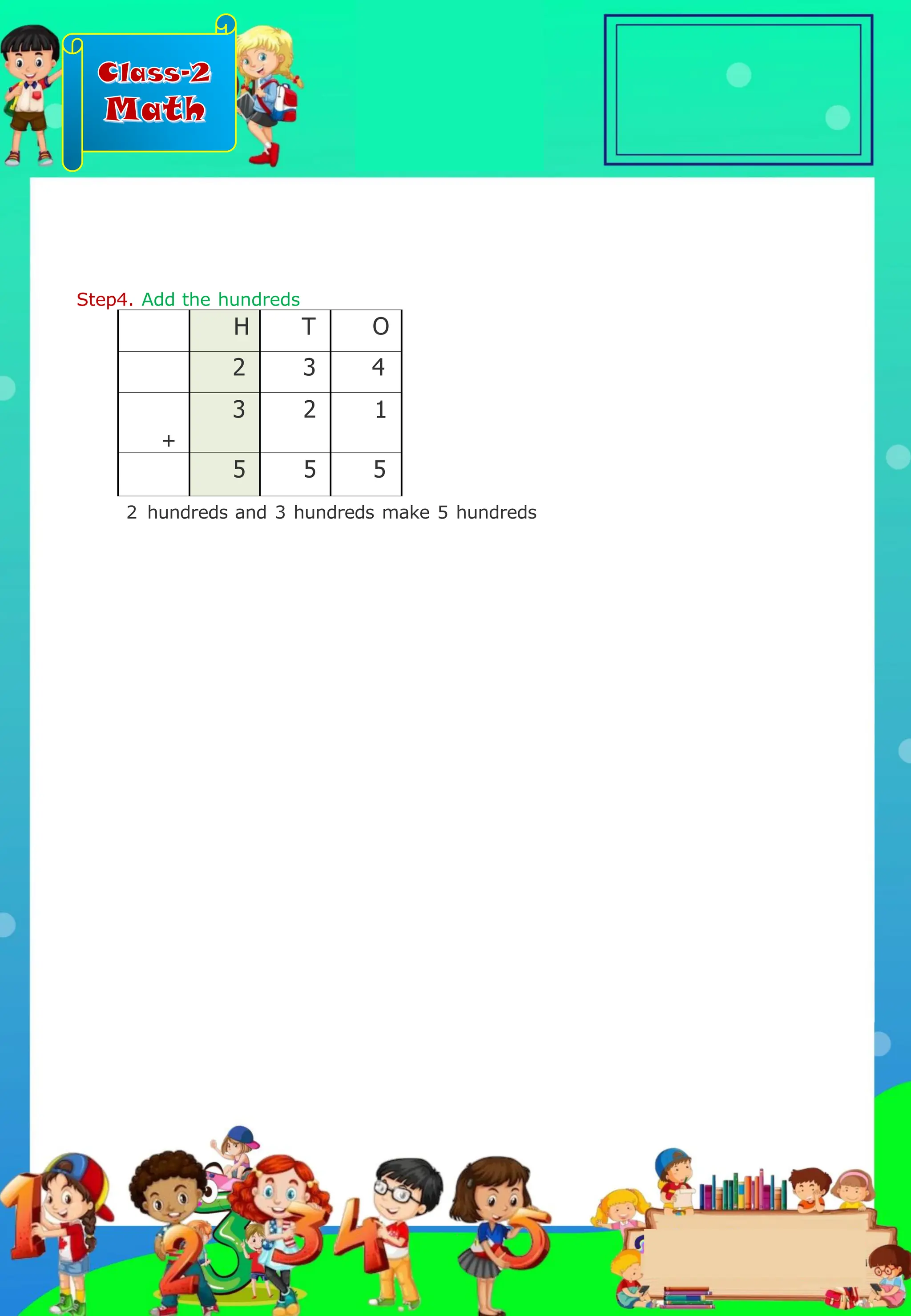 Class-2
Math
Step4. Add the hundreds
H T O
2 3 4
+
3 2 1
5 5 5
2 hundreds and 3 hundreds make 5 hundreds
.
 