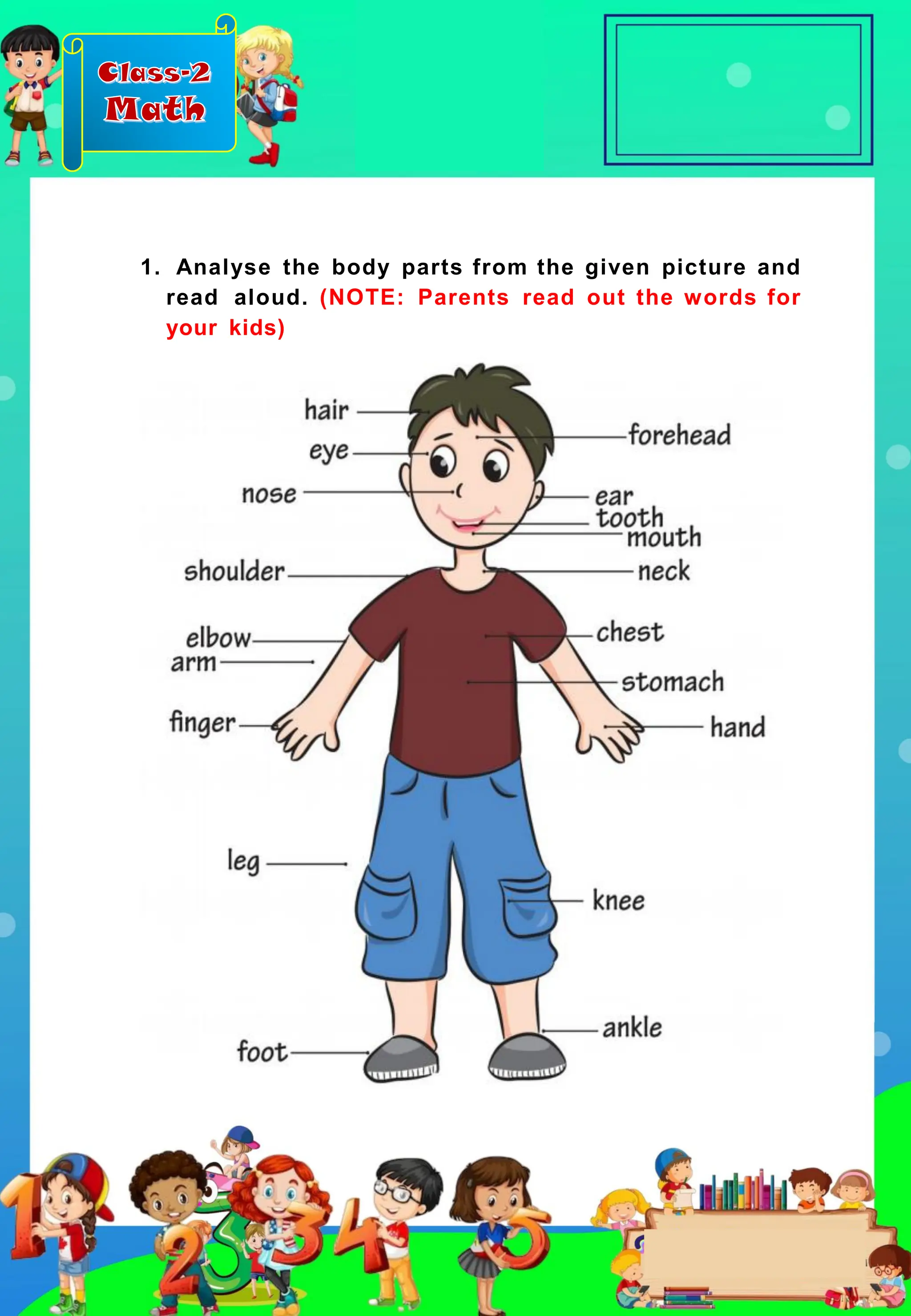 Class-2
Math
1. Analyse the body parts from the given picture and
read aloud. (NOTE: Parents read out the words for
your kids)
 