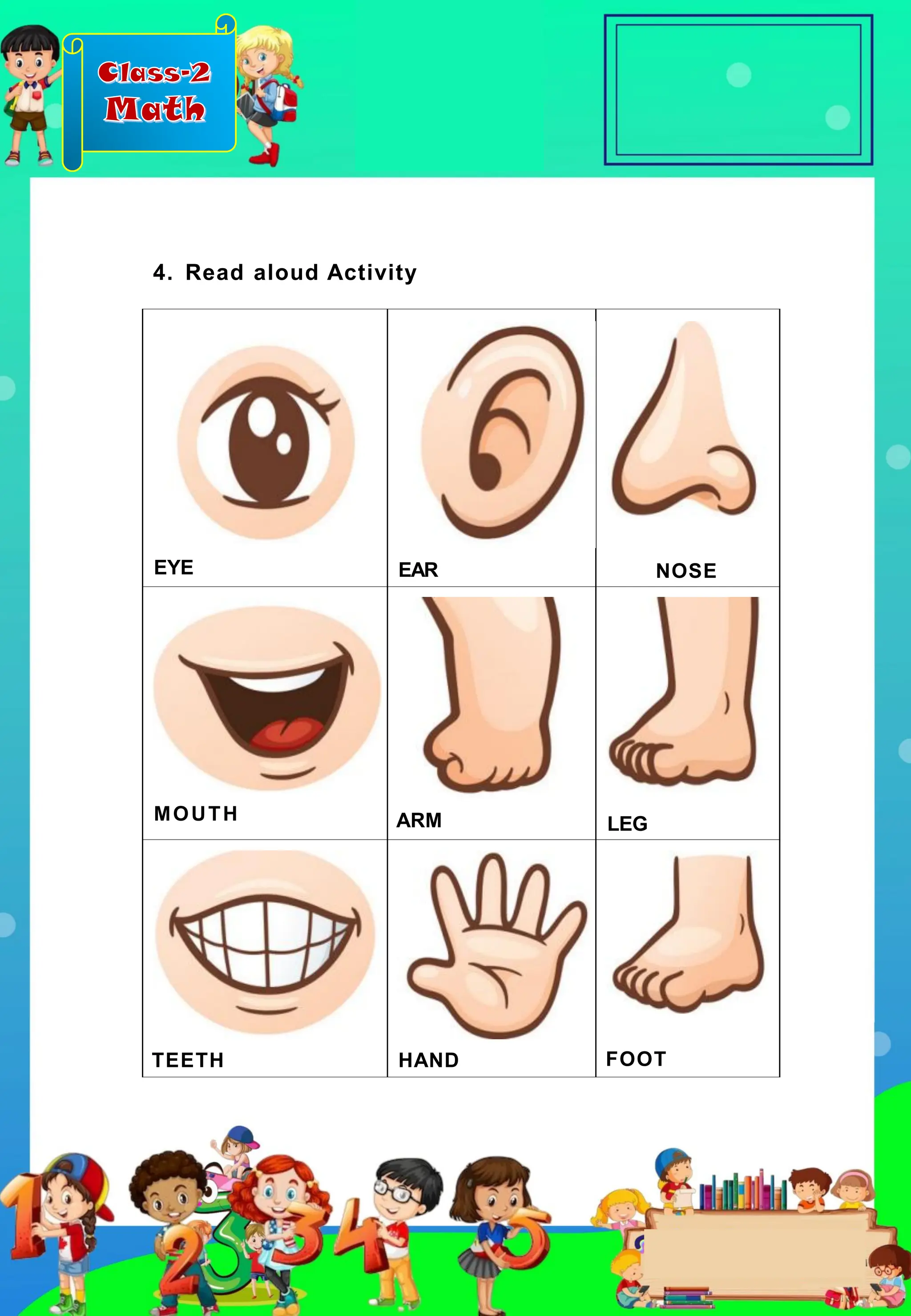 Class-2
Math
EYE EAR NOSE
MOUTH ARM LEG
TEETH HAND FOOT
4. Read aloud Activity
 
