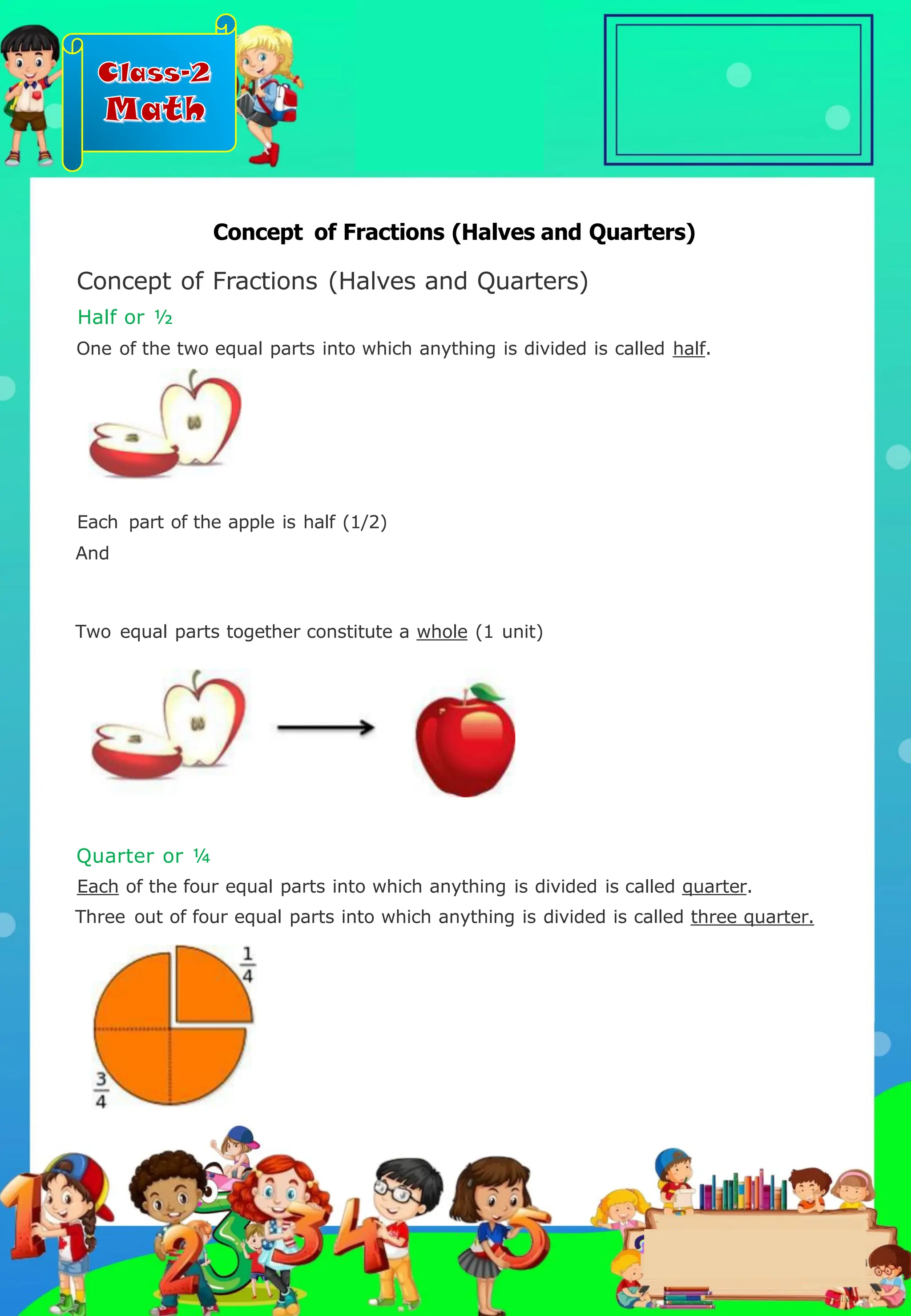 Class-2
Math
Concept of Fractions (Halves and Quarters)
Concept of Fractions (Halves and Quarters)
Half or ½
One of the two equal parts into which anything is divided is called half.
Quarter or ¼
Each of the four equal parts into which anything is divided is called quarter.
Three out of four equal parts into which anything is divided is called three quarter.
Each part of the apple is half (1/2)
And
Two equal parts together constitute a whole (1 unit)
.
 