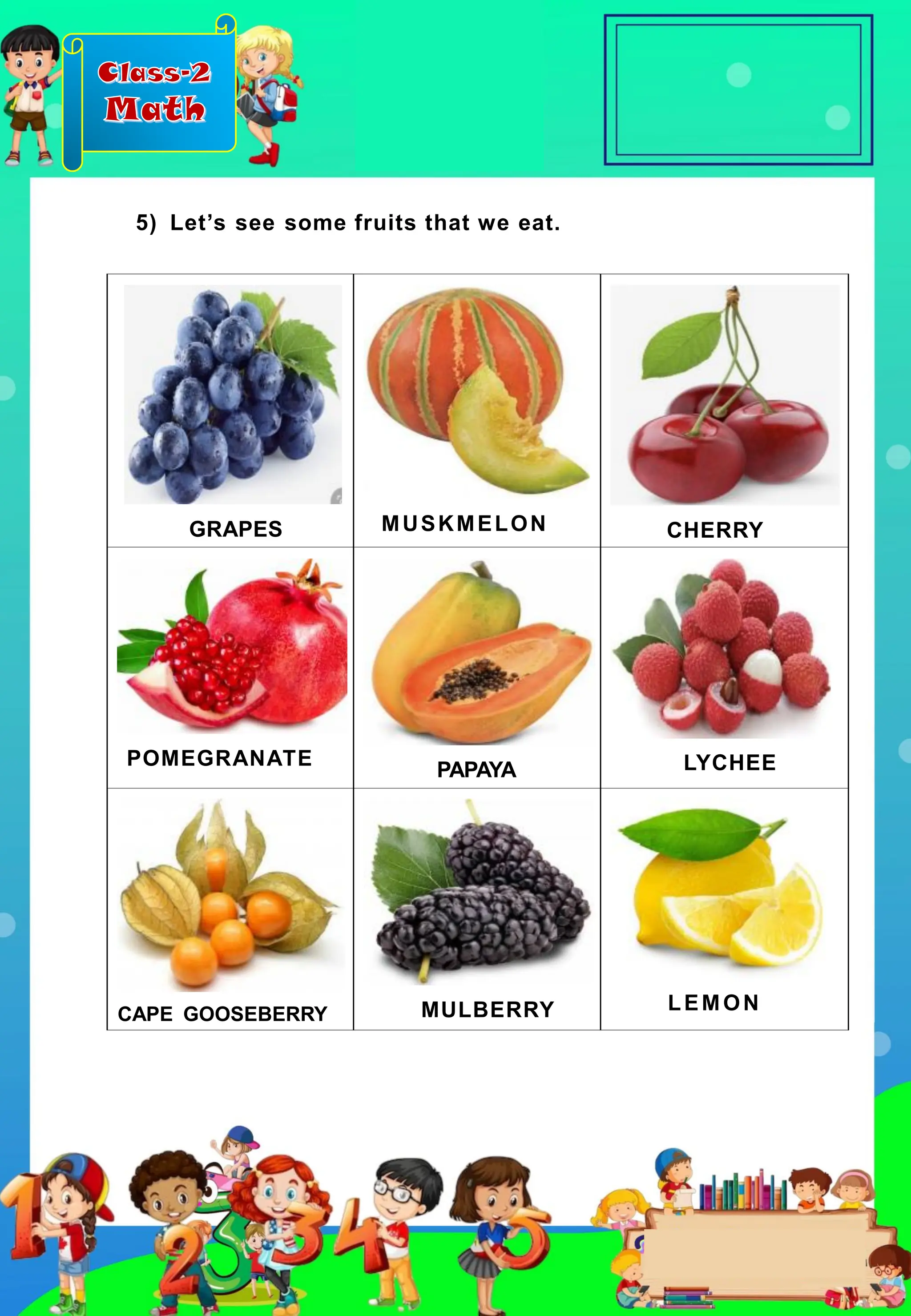 Class-2
Math
GRAPES MUSKMELON CHERRY
POMEGRANATE
PAPAYA LYCHEE
CAPE GOOSEBERRY MULBERRY LEMON
5) Let’s see some fruits that we eat.
 
