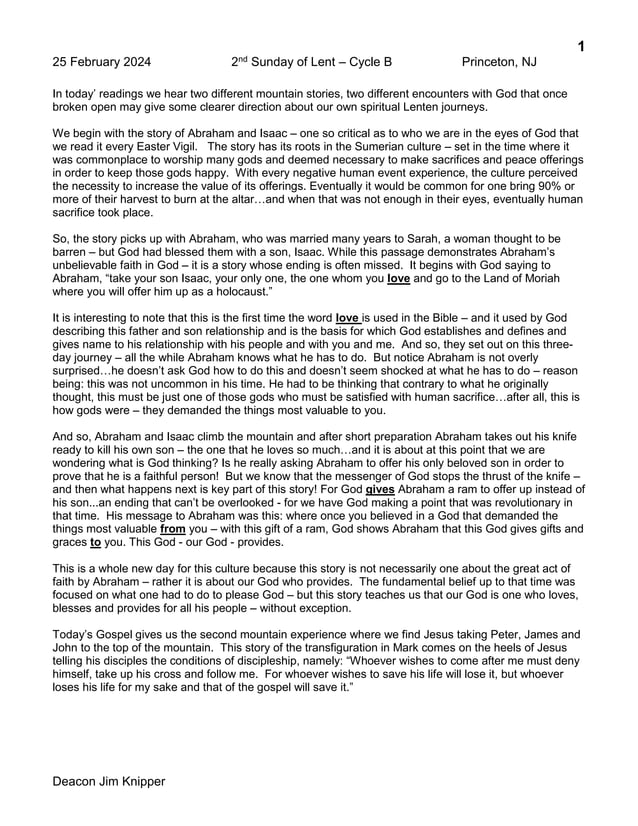 Homily Second Sunday in Lent, Cycle B, 2025 PDF