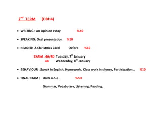 2nd TERM

(DBH4)

WRITING : An opinion essay
SPEAKING: Oral presentation
READER: A Christmas Carol

%20
%10
Oxford

%10

EXAM : 4A/4D Tuesday, 7th January
4B
Wednesday, 8th January
BEHAVIOUR : Speak in English, Homework, Class work in silence, Participation…
FINAL EXAM : Units 4-5-6

%50

Grammar, Vocabulary, Listening, Reading.

%10

 