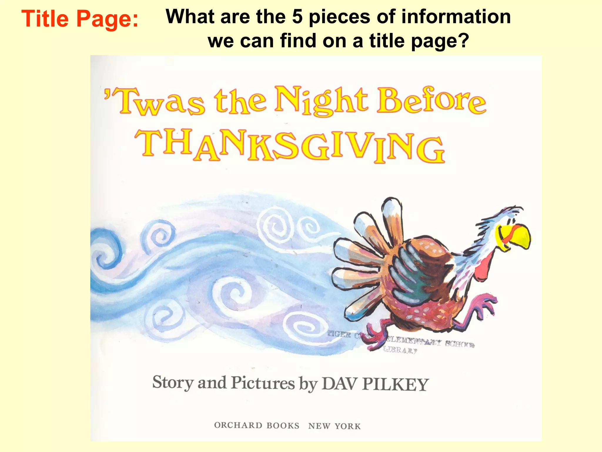 Title Page: What are the 5 pieces of information we can find on a title page?