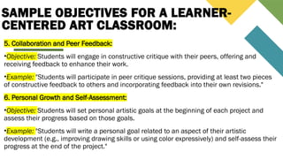 SAMPLE OBJECTIVES FOR A LEARNER-
CENTERED ART CLASSROOM:
5. Collaboration and Peer Feedback:
•Objective: Students will engage in constructive critique with their peers, offering and
receiving feedback to enhance their work.
•Example: "Students will participate in peer critique sessions, providing at least two pieces
of constructive feedback to others and incorporating feedback into their own revisions."
6. Personal Growth and Self-Assessment:
•Objective: Students will set personal artistic goals at the beginning of each project and
assess their progress based on those goals.
•Example: "Students will write a personal goal related to an aspect of their artistic
development (e.g., improving drawing skills or using color expressively) and self-assess their
progress at the end of the project."
 