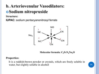 b. Arteriovenular Vasodilators:
Sodium nitropruside
Structure:
IUPAC: sodium pentacyanonitrosyl ferrate
Properties:
It is a reddish-brown powder or crystals, which are freely soluble in
water, but slightly soluble in alcohol 71
Molecular formula: C5FeN6Na2O
 