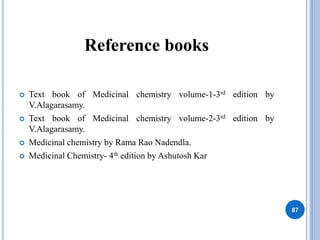 Reference books
 Text book of Medicinal chemistry volume-1-3rd edition by
V.Alagarasamy.
 Text book of Medicinal chemistry volume-2-3rd edition by
V.Alagarasamy.
 Medicinal chemistry by Rama Rao Nadendla.
 Medicinal Chemistry- 4th edition by Ashutosh Kar
87
 